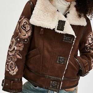 Free People Brown and Cream Teddy Jacket with Shearling Lining